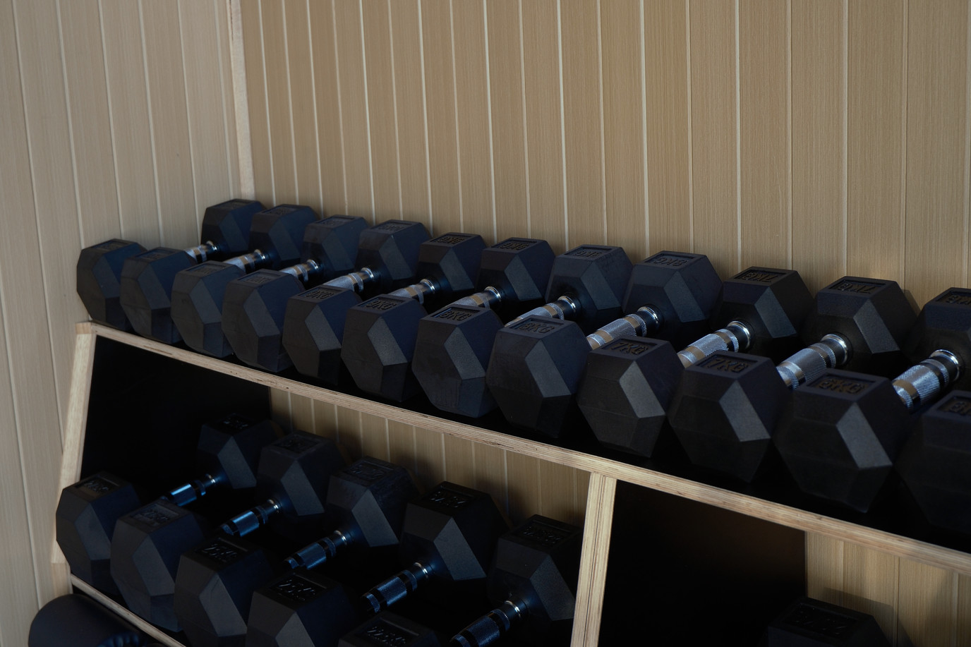 Dumbbell rack along the lined wall of a crgo unit